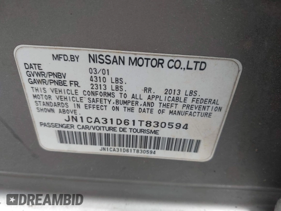2001 Nissan Maxima SE with VIN JN1CA31D61T830594, listed as a IAAI auction lot 42283716 with 218,155 mi miles and . Bid and sale history available at DreamBid. Image 9.