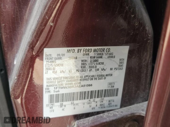 2010 Ford F-350 XL с VIN 1FTWW3BR3AEA51566, выставлен на аукционе Copart как лот 54709095 с пробегом 189 895 миль миль и Списание • Salvage title. История ставок и продаж доступна на DreamBid. Изображение 12.