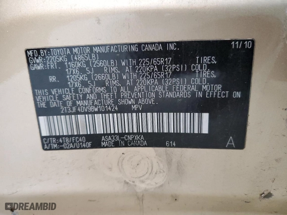 2011 Toyota RAV4 with VIN 2T3JF4DV9BW101424, listed as a Copart auction lot 74377834 with 108,550 mi miles and Non Repairable. Bid and sale history available at carsss.com. Image 13.
