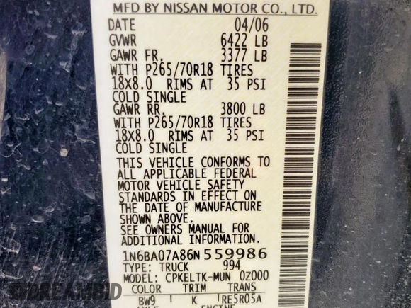 2006 Nissan Titan XE with VIN 1N6BA07A86N559986, listed as a Copart auction lot 61943095 with 269,152 mi miles and Clean title. Bid and sale history available at DreamBid. Image 12.