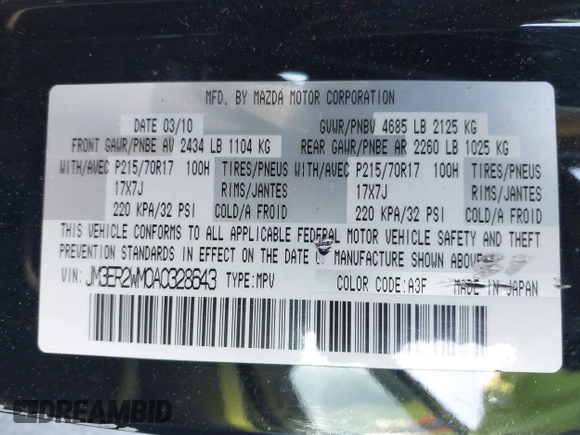 2010 Mazda CX-7 Sport with VIN JM3ER2WM0A0328643, listed as a IAAI auction lot 42052822 with 165,254 mi miles. Bid and sale history available at carsss.com. Image 9.