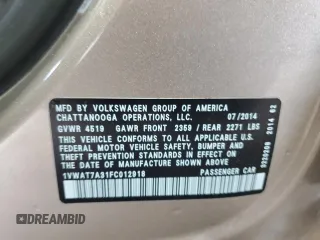 2015 Volkswagen Passat Wolfsburg Edition with VIN 1VWAT7A31FC012918, listed as a Copart auction lot 60961105 with 120,803 mi miles and Salvage title. Bid and sale history available at DreamBid. Image 12.