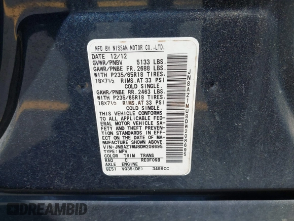 2013 Nissan Murano LE with VIN JN8AZ1MU8DW208695, listed as a IAAI auction lot 42184072 with 180,733 mi miles and . Bid and sale history available at carsss.com. Image 9.