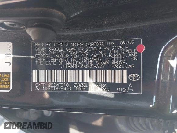 2010 Toyota Prius II with VIN JTDKN3DU4A0059305, listed as a IAAI auction lot 41563162 with 157,898 mi miles. Bid and sale history available at carsss.com. Image 9.