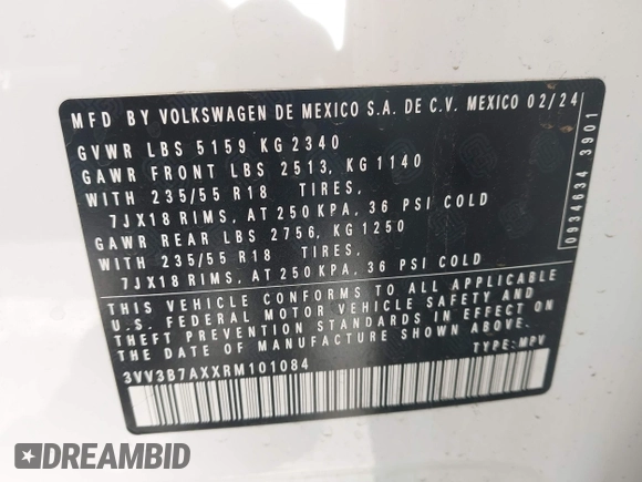 2024 Volkswagen Tiguan SE с VIN 3VV3B7AXXRM101084, выставлен на аукционе IAAI как лот 42196649 с пробегом 14 447 миль миль и . История ставок и продаж доступна на DreamBid. Изображение 9.