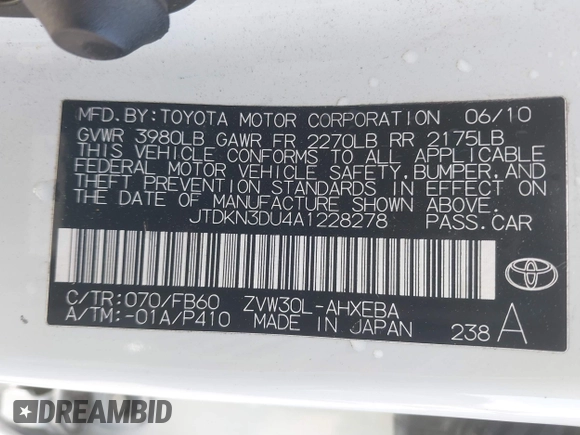2010 Toyota Prius II with VIN JTDKN3DU4A1228278, listed as a IAAI auction lot 42147858 with 125,797 mi miles. Bid and sale history available at carsss.com. Image 9.