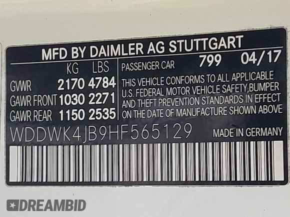 2017 Mercedes-Benz C 300 with VIN WDDWK4JB9HF565129, listed as a IAAI auction lot 42032018 with Not Provided miles and . Bid and sale history available at DreamBid. Image 9.