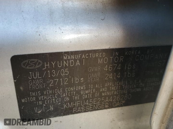 2005 Hyundai XG with VIN KMHFU45E25A426280, listed as a Copart auction lot 82589944 with 120,662 mi miles and Salvage Title. Bid and sale history available at carsss.com. Image 12.