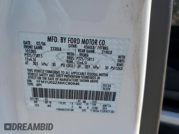 2006 Ford Escape XLS with VIN 1FMYU02Z56KC80946, listed as a Copart auction lot 75415284 with 125,537 mi miles and Salvage Title. Bid and sale history available at carsss.com. Image 15.