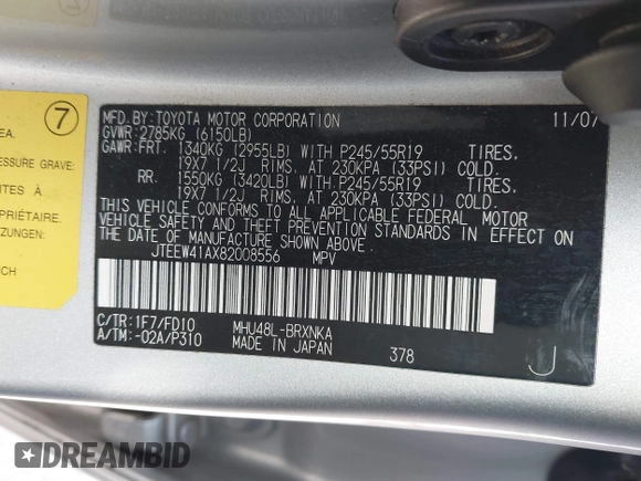 2008 Toyota Highlander Hybrid with VIN JTEEW41AX82008556, listed as a IAAI auction lot 41409295 with 201,687 mi miles. Bid and sale history available at carsss.com. Image 9.