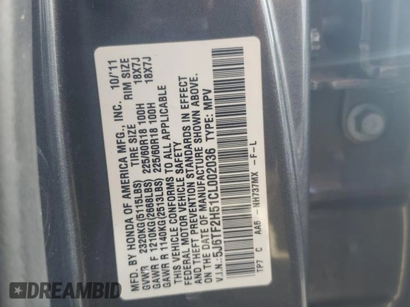 2012 Honda Crosstour EX-L with VIN 5J6TF2H51CL002036, listed as a Copart auction lot 72055854 with 176,239 mi miles and Salvage Title. Bid and sale history available at carsss.com. Image 12.
