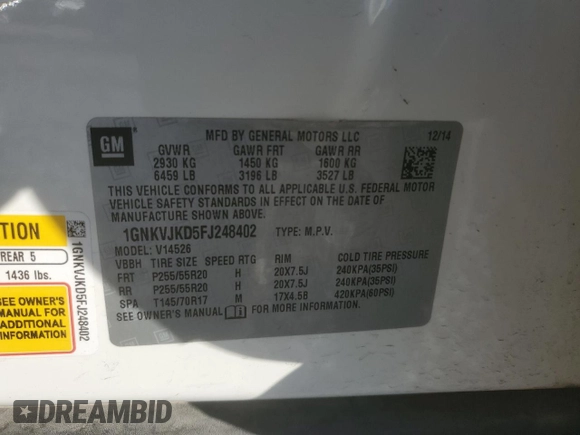 2015 Chevrolet Traverse LTZ with VIN 1GNKVJKD5FJ248402, listed as a Copart auction lot 47138305 with 140,808 mi miles and Salvage Title. Bid and sale history available at DreamBid. Image 15.