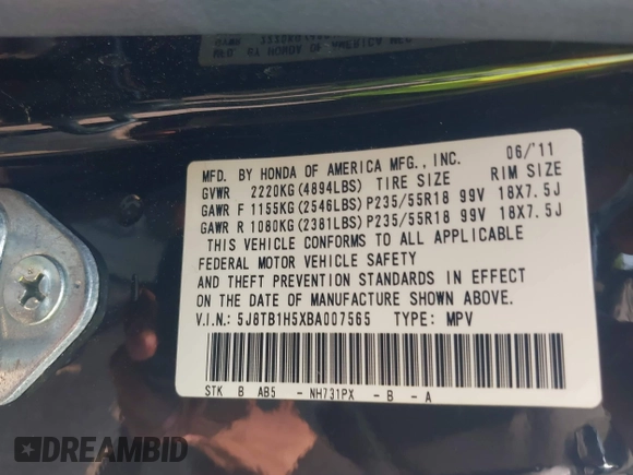 2011 Acura RDX Technology with VIN 5J8TB1H5XBA007565, listed as a IAAI auction lot 42417837 with 200,091 mi miles and . Bid and sale history available at DreamBid. Image 9.