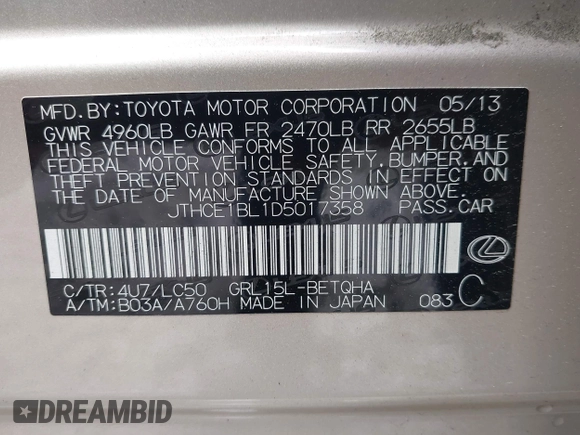 2013 Lexus GS 350 with VIN JTHCE1BL1D5017358, listed as a IAAI auction lot 42245672 with 50,070 mi miles and . Bid and sale history available at DreamBid. Image 9.