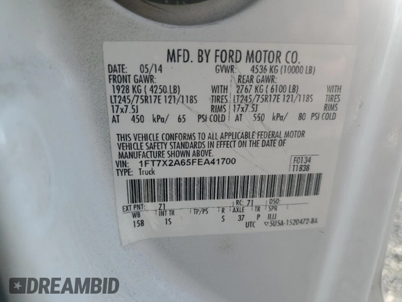 2015 Ford F-250 XLT with VIN 1FT7X2A65FEA41700, listed as a Copart auction lot 42645615 with 172,430 mi miles and Salvage title. Bid and sale history available at DreamBid. Image 14.