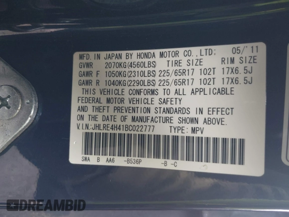 2011 Honda CR-V SE with VIN JHLRE4H41BC022777, listed as a IAAI auction lot 41990529 with 161,107 mi miles. Bid and sale history available at carsss.com. Image 9.