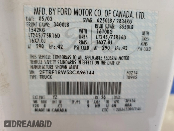2003 Ford F-150 XL z VIN 2FTRF18W53CA96144, wystawiony jako Copart lot #47589205 z przebiegiem 246 767 mil mil oraz Czysty tytuł • Clean title. Historia ofert i sprzedaży dostępna na DreamBid. Obrazek 13.