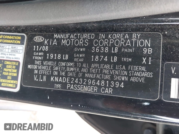 2009 Kia Rio LX with VIN KNADE243296481394, listed as a IAAI auction lot 41498863 with 59,222 mi miles. Bid and sale history available at carsss.com. Image 9.
