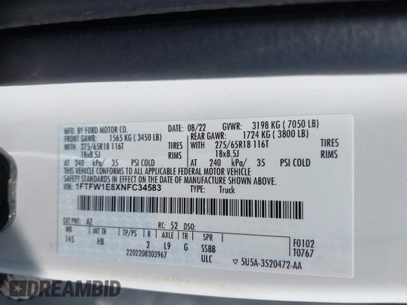 2022 Ford F-150 XL with VIN 1FTFW1E8XNFC34583, listed as a IAAI auction lot 42020824 with 26,150 mi miles. Bid and sale history available at carsss.com. Image 9.