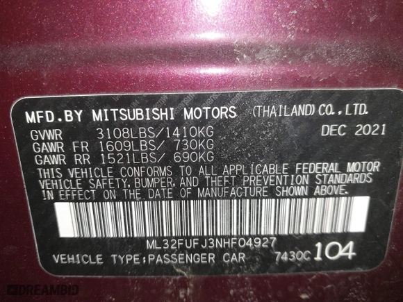 2022 Mitsubishi Mirage G4 ES with VIN ML32FUFJ3NHF04927, listed as a IAAI auction lot 41675838 with 28,730 mi miles. Bid and sale history available at carsss.com. Image 9.