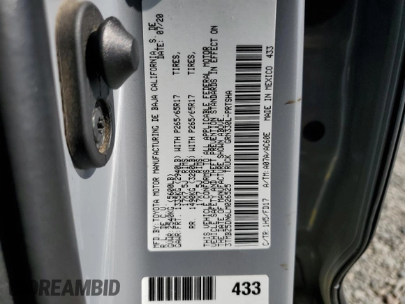 2020 Toyota Tacoma SR5 with VIN 3TMBZ5DN6LM026525, listed as a Copart auction lot 63804245 with 37,290 mi miles and Clean title. Bid and sale history available at DreamBid. Image 12.