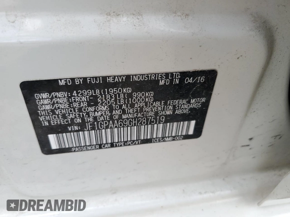 2016 Subaru Impreza 2.0i with VIN JF1GPAA69GH287519, listed as a Copart auction lot 63859185 with 114,762 mi miles and Salvage title. Bid and sale history available at DreamBid. Image 12.