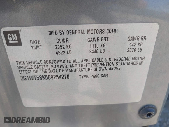 2008 Chevrolet Impala LT with VIN 2G1WT58K589254270, listed as a IAAI auction lot 41969517 with 287,519 mi miles and . Bid and sale history available at DreamBid. Image 9.