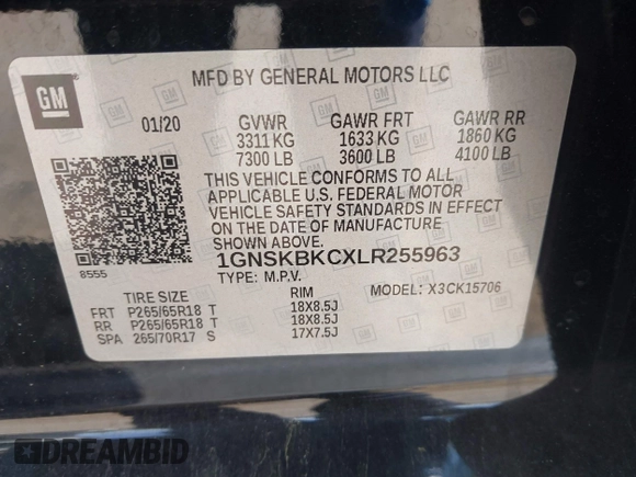2020 Chevrolet Tahoe LT with VIN 1GNSKBKCXLR255963, listed as a IAAI auction lot 42127845 with 46,746 mi miles and . Bid and sale history available at DreamBid. Image 9.