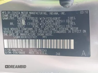 2012 Toyota Sienna LE AAS with VIN 5TDKK3DC8CS227401, listed as a IAAI auction lot 39425988 with 165,982 mi miles. Bid and sale history available at carsss.com. Image 9.