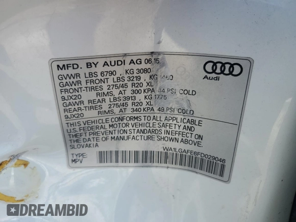 2015 Audi Q7 Premium Plus with VIN WA1LGAFE6FD029046, listed as a Copart auction lot 57629135 with 116,962 mi miles and Salvage title. Bid and sale history available at DreamBid. Image 13.