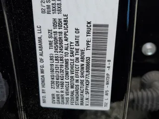 2020 Honda Ridgeline RTL-E with VIN 5FPYK3F77LB006653, listed as a Copart auction lot 52582995 with 20,727 mi miles and Salvage title. Bid and sale history available at DreamBid. Image 14.