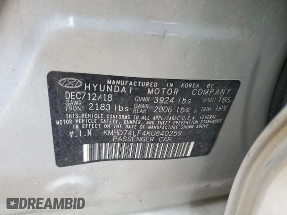 2019 Hyundai Elantra SE with VIN KMHD74LF4KU840259, listed as a Copart auction lot 78598844 with Not Provided miles and Salvage Title. Bid and sale history available at DreamBid. Image 12.