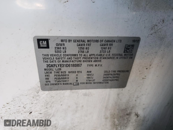 2013 GMC Terrain Denali with VIN 2GKFLYE31D6180867, listed as a Copart auction lot 73359924 with 87,218 mi miles and Clean Title. Bid and sale history available at DreamBid. Image 13.