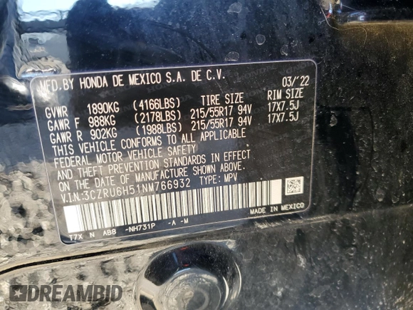 2022 Honda HR-V EX with VIN 3CZRU6H51NM766932, listed as a Copart auction lot 43207645 with 0 mi miles and Salvage Title. Bid and sale history available at carsss.com. Image 16.