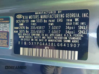 2020 Kia Sorento LX with VIN 5XYPG4A38LG641907, listed as a IAAI auction lot 40848514 with 119,140 mi miles. Bid and sale history available at carsss.com. Image 9.