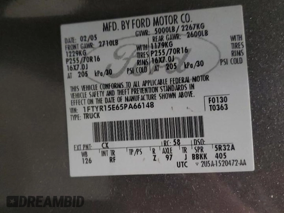 2005 Ford Ranger XL with VIN 1FTYR15E65PA66148, listed as a Copart auction lot 50739615 with 124,631 mi miles and Salvage Title. Bid and sale history available at DreamBid. Image 12.