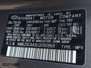 2020 Hyundai Tucson Value with VIN KM8J3CA49LU090868, listed as a IAAI auction lot 41461550 with 34,737 mi miles. Bid and sale history available at carsss.com. Image 9.