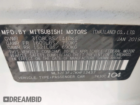 2019 Mitsubishi Mirage ES z VIN ML32F3FJ7KHF12437, wystawiony jako IAAI lot #42119078 z przebiegiem 63 135 mil mil oraz . Historia ofert i sprzedaży dostępna na DreamBid. Obrazek 9.