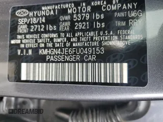 2015 Hyundai Genesis 3.8L with VIN KMHGN4JE6FU049153, listed as a Copart auction lot 71475544 with 87,477 mi miles and Salvage Title. Bid and sale history available at carsss.com. Image 12.