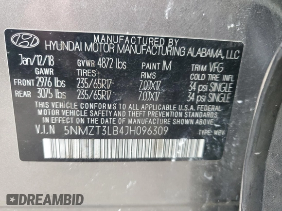 2018 Hyundai Santa Fe 2.4L with VIN 5NMZT3LB4JH096309, listed as a Copart auction lot 64738135 with 109,583 mi miles and Salvage title. Bid and sale history available at DreamBid. Image 13.
