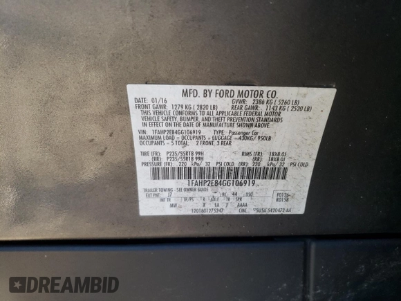 2016 Ford Taurus SEL with VIN 1FAHP2E84GG106919, listed as a Copart auction lot 50894995 with 139,325 mi miles and Salvage Title. Bid and sale history available at DreamBid. Image 14.