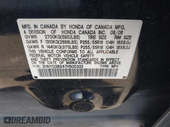 2007 Acura MDX with VIN 2HNYD28247H500333, listed as a IAAI auction lot 41891767 with 205,639 mi miles. Bid and sale history available at carsss.com. Image 9.