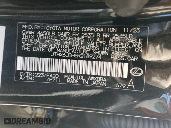 2024 Lexus UX with VIN JTHX6JBH6R2189274, listed as a Copart auction lot 43121085 with 999,999 mi miles and Clean Title. Bid and sale history available at carsss.com. Image 12.