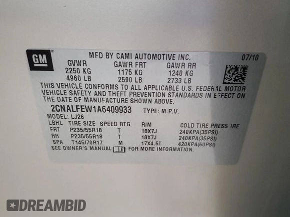 2010 Chevrolet Equinox LTZ z VIN 2CNALFEW1A6409933, wystawiony jako Copart lot #57436515 z przebiegiem 114 224 mil mil oraz Nie do naprawy • Non repairable. Historia ofert i sprzedaży dostępna na DreamBid. Obrazek 12.