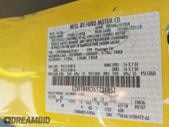 2006 Ford Mustang Standard with VIN 1ZVFT84N365221851, listed as a IAAI auction lot 42483874 with 125,326 mi miles and . Bid and sale history available at DreamBid. Image 9.