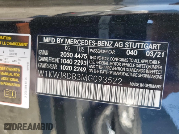 2021 Mercedes-Benz C 300 z VIN W1KWJ8DB3MG093522, wystawiony jako Copart lot #72773834 z przebiegiem 58 008 mil mil oraz Szkoda całkowita • Salvage title. Historia ofert i sprzedaży dostępna na DreamBid. Obrazek 14.