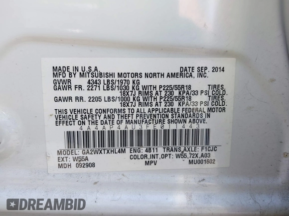 2015 Mitsubishi Outlander SE z VIN 4A4AP4AU3FE011443, wystawiony jako IAAI lot #42244247 z przebiegiem 127 184 mil mil oraz . Historia ofert i sprzedaży dostępna na DreamBid. Obrazek 9.