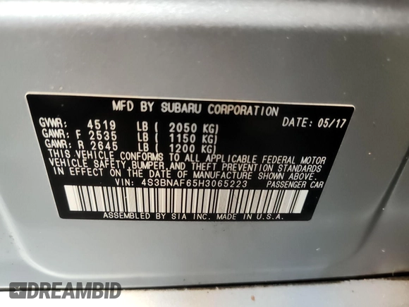 2017 Subaru Legacy Premium with VIN 4S3BNAF65H3065223, listed as a IAAI auction lot 42801701 with 86,439 mi miles and . Bid and sale history available at DreamBid. Image 21.