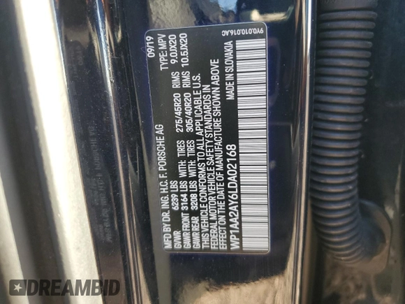 2020 Porsche Cayenne с VIN WP1AA2AY6LDA02168, выставлен на аукционе Copart как лот 45912715 с пробегом 39 341 миль миль и Списание • Salvage title. История ставок и продаж доступна на DreamBid. Изображение 12.