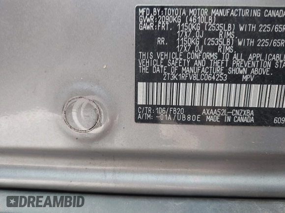 2020 Toyota RAV4 LE with VIN 2T3K1RFV8LC064253, listed as a IAAI auction lot 42216705 with 113,049 mi miles and . Bid and sale history available at DreamBid. Image 9.